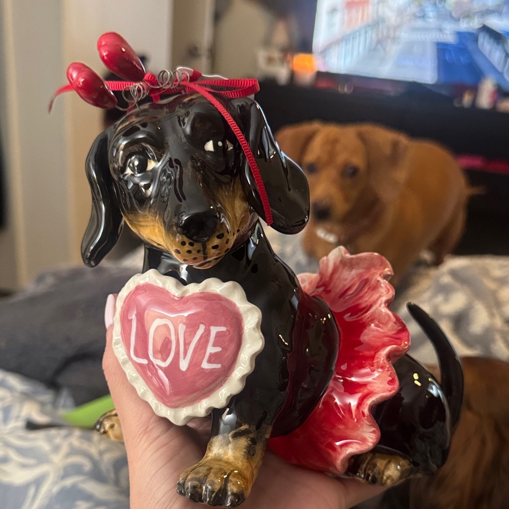BLUE SKY CLAYWORKS Ceramic Dachshund Figurine with Heart and Red Bow